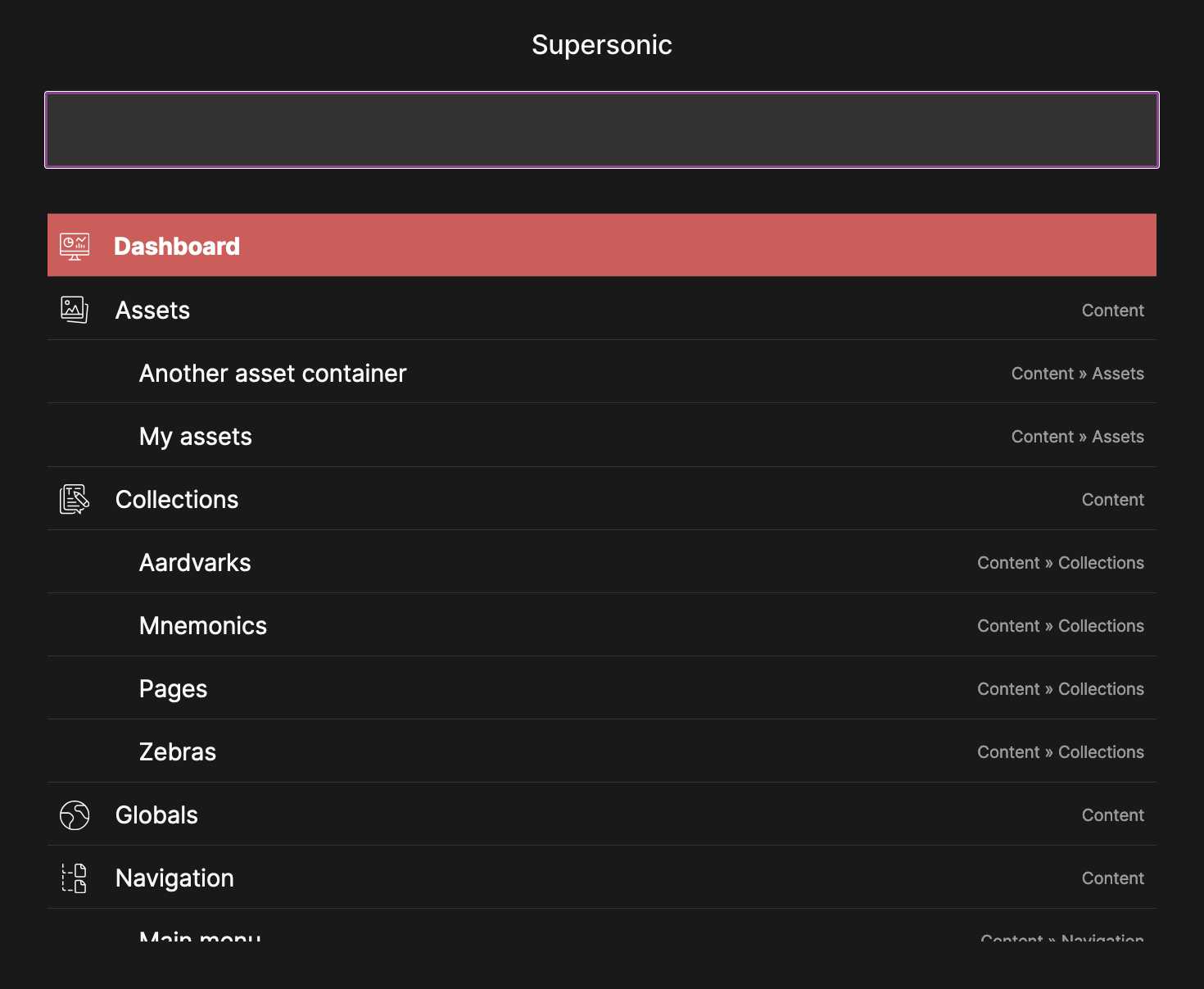 Screenshot of Supersonic command palette for Statamic